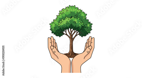 Cupped hands gently cradling a small, vibrant green tree with exposed roots, symbolizing environmental care and growth