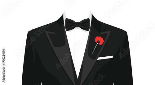 Classic men's black tuxedo jacket with a crisp white shirt, elegant bow tie, and a vibrant red poppy lapel pin.