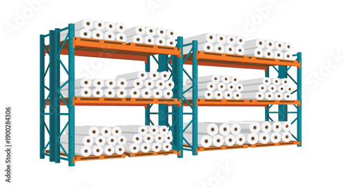 Industrial warehouse shelving units stacked high with numerous white rolls of paper or fabric on wooden pallets,