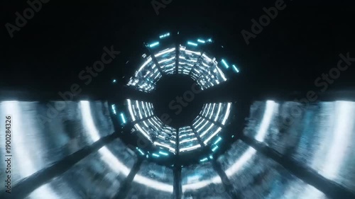 Futuristic tunnel with glowing blue lights and metallic structures viewed from a low angle
