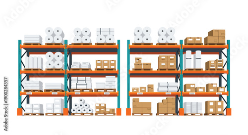 Extensive industrial warehouse shelving system packed with a wide variety of goods including paper rolls, boxes, and