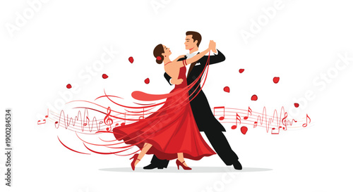 Passionate couple performing an energetic tango dance, the woman in a dramatic flowing red dress, surrounded by musical