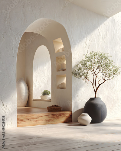 Bright alcove with layered textures, indoor plants and earthy pottery