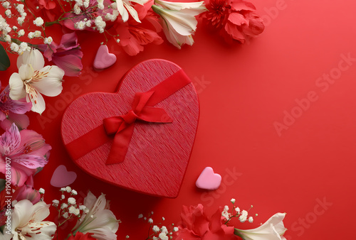 Heart-shaped gift box with flowers on red background.