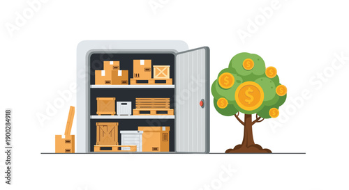 Open secure storage unit with neatly arranged boxes and wood pallets, adjacent to a vibrant money tree symbolizing