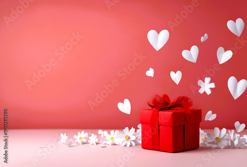 Red gift box with paper hearts and daisies on a pink background.