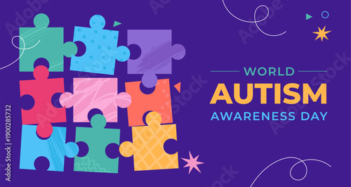 World autism awareness day banner template and poster background with colorful puzzle pieces.