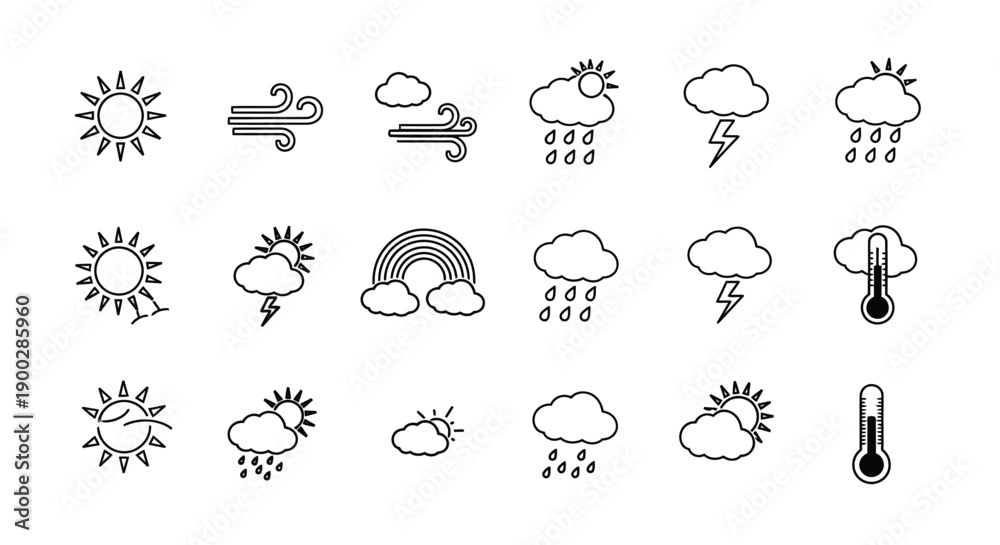 Obraz premium Weather condition icons show sun, clouds, rain, and lightning.