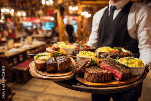 A waiter delivering steaks and side dishes to a large family table in a rustic-themed steakhouse.