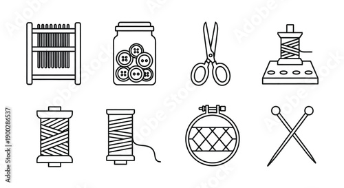 Sewing tools include thread spools and scissors.