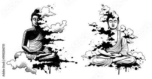 Two meditating buddha figures with artistic ink splashes and decorative clouds in hand drawn sketch style