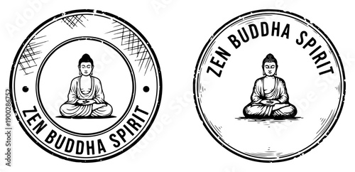 Vintage zen buddha spirit emblem set featuring meditating buddha figure in circular stamp design