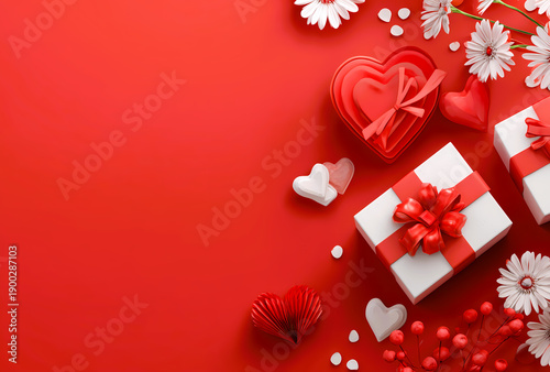 Valentine's Day gifts and flowers on red background.