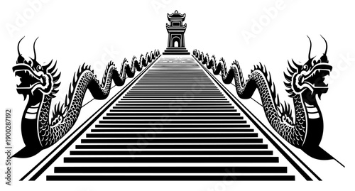 Symmetrical staircase leading to a traditional temple guarded by dragon sculptures