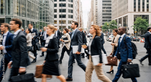 Business professionals walk quickly across a busy city street during the workday in New York City