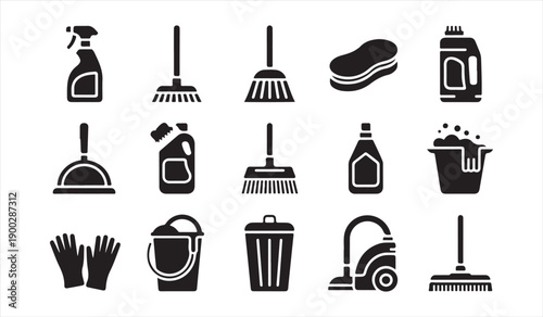 Household cleaning and janitorial silhouette icons collection