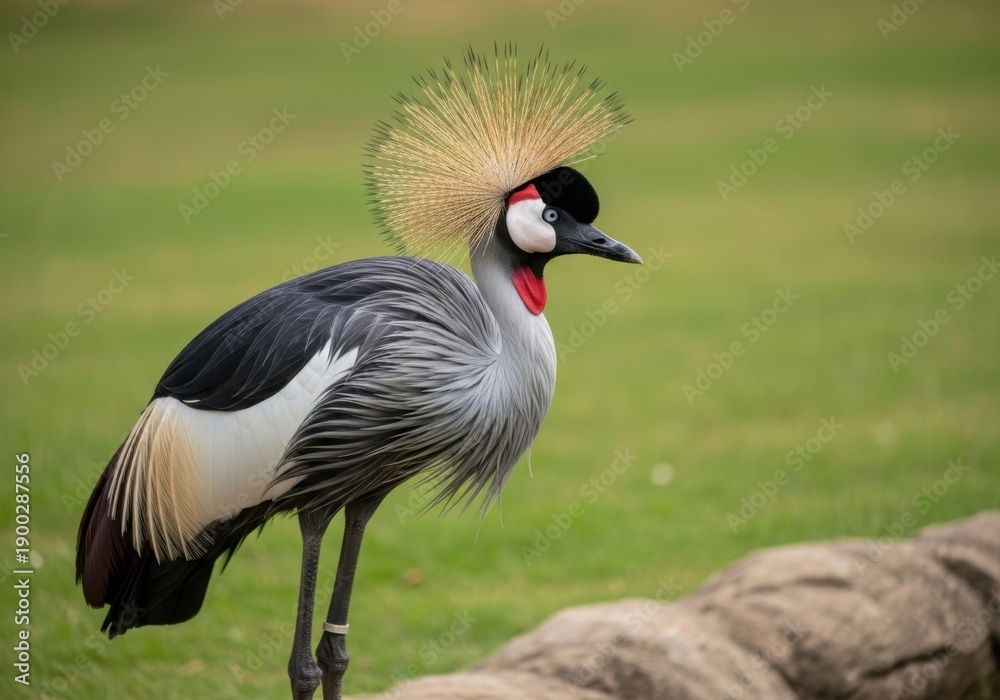 Fototapeta premium Black crowned crane standing on grassy field with feathered crown and red neck