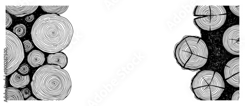 Detailed hand drawn wood log slices banner with tree rings and natural wood grain texture