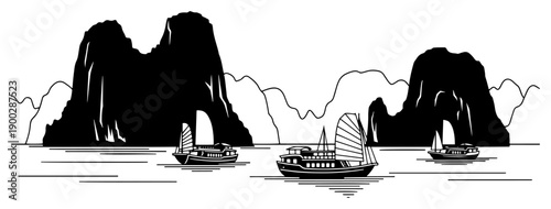 Ha Long Bay landscape vector illustration with traditional junk boats and limestone mountain silhouettes