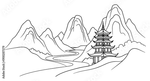 Scenic Asian landscape with winding river mountains and a traditional pagoda temple