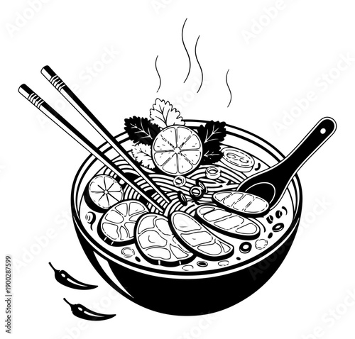 Detailed line art illustration of traditional Vietnamese pho noodle soup bowl with chopsticks