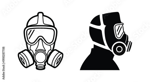 Two gas masks depicted in a stark black and white silhouette