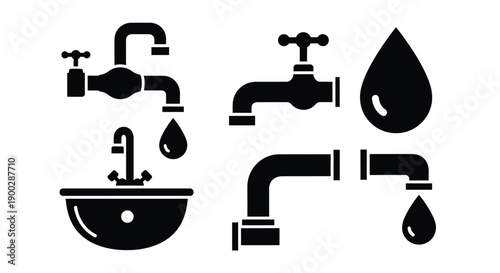Black faucet and water drop icons in a simple silhouette