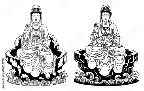 Traditional vector illustration of seated Goddess Guan Yin statues in Buddhist art style
