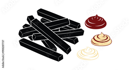 French fries ketchup and sauces in a striking black silhouette