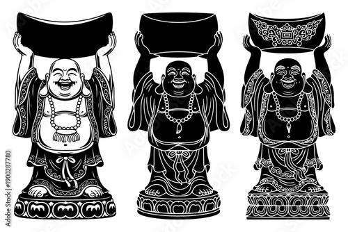 Set of three Laughing Buddha statues holding gold ingots for wealth and prosperity