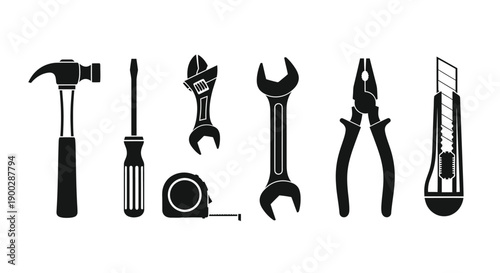 Collection of various hand tools displayed in black silhouette