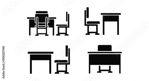 Minimalist furniture arrangements depicted as a stark black silhouette