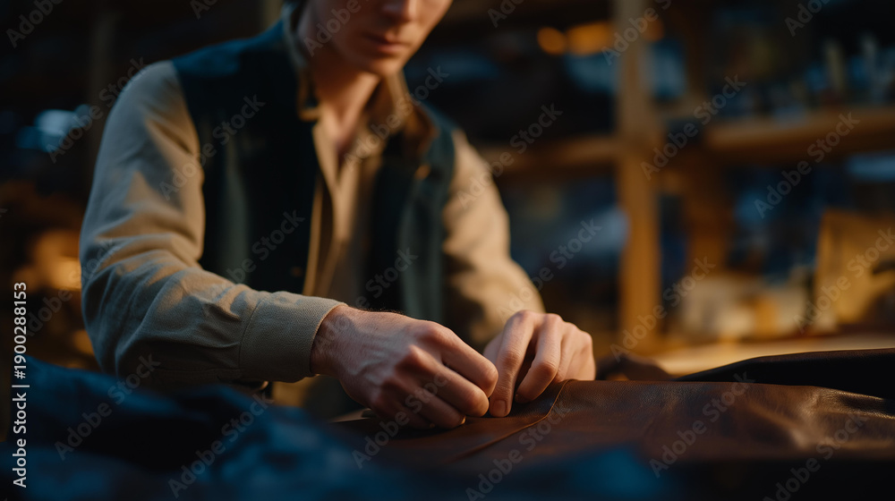 Obraz premium The process of finishing a leather bag shows artisans working in a workshop, highlighting the various methods of applying dyes and conditioners to enhance the texture and durability of the final