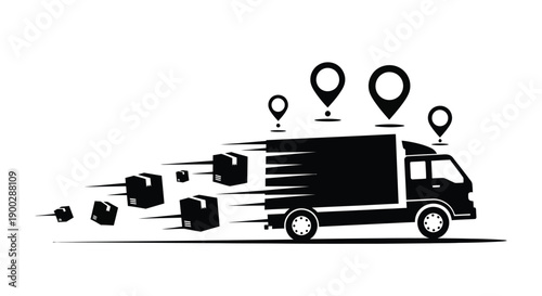 Fast delivery truck with packages and location markers a striking silhouette