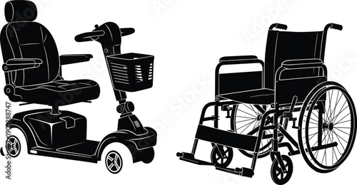 Black Silhouette Vector Set of Manual Wheelchair and Electric Mobility Scooter for Disability Support Accessibility Healthcare Rehabilitation and Senior Independence Graphics
