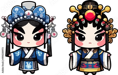 Charming Chibi-Style Chinese Opera Character Bundle, Highlighting Elaborate Gold and Jeweled Headdresses and Richly Patterned Robes in Red, Blue, and Green on White Background.