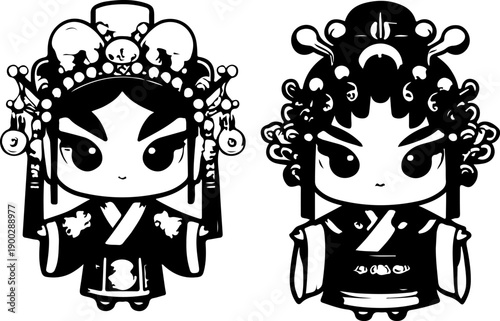 Charming Chibi-Style Chinese Opera Character Bundle, Highlighting Elaborate Gold and Jeweled Headdresses and Richly Patterned Robes in Red, Blue, and Green on White Background