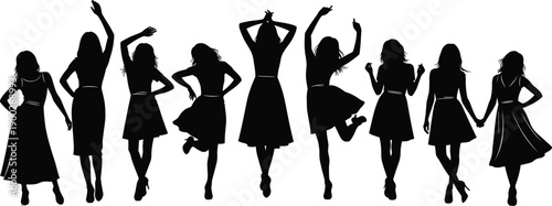 Collection of nine elegant women silhouettes wearing stylish party dresses and outfits posing for fashion design and clothing retail marketing