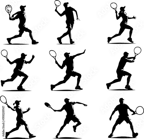 Collection of Fifteen Abstract Tennis Player Figures, Showing Various Racket Swings and Ball Contact, Perfect for Minimalist Sport Graphics
