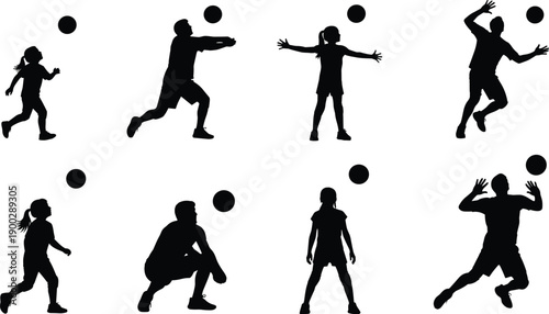 Set of black silhouettes featuring men women and children playing volleyball with various action poses isolated on white background