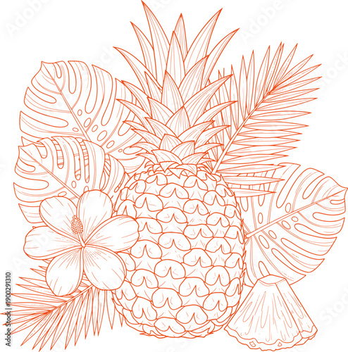 Tropical pineapple and leaves vector drawing, summer exotic fruit illustration