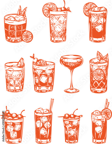 Collection of assorted cocktails with ice and garnishes in glasses outline