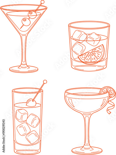 Collection of orange outline cocktail glasses with cherries and ice cubes transparent