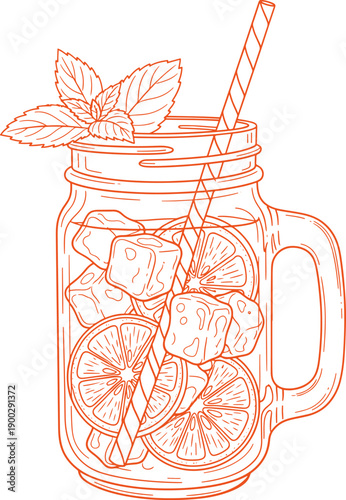 Lemonade in mason jar vector sketch, refreshing citrus drink illustration