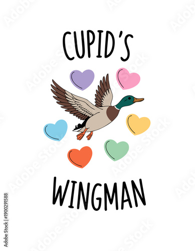 Minimalist Mallard Duck Illustration with Colorful Hearts and "Cupid's Wingman" Text for Valentine's Day