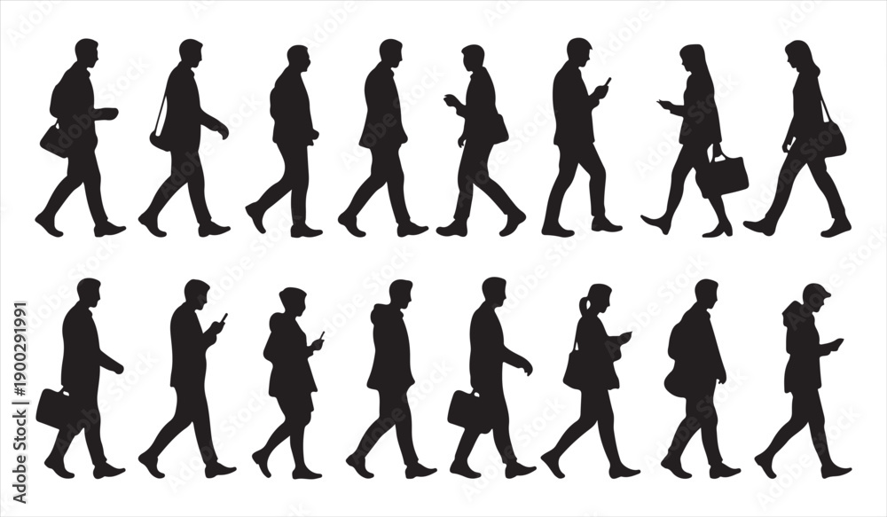 Fototapeta premium Walking people silhouette sequence showing human motion cycle