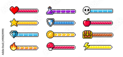 Pixel art loading progress bar. Loader process status for game 8 bit. Arcade game items