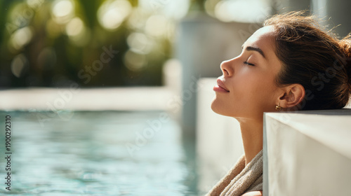 Woman enjoying peaceful wellness moment, eyes closed in serene meditation, finding tranquility and balance during a luxurious spa retreat by the swimming pool