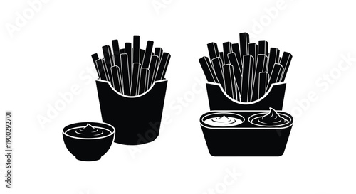 Two servings of french fries with dips in black silhouette