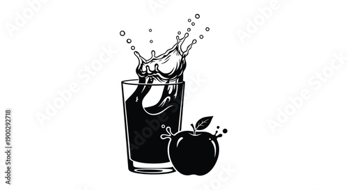 Apple juice splashing from glass with fruit black silhouette